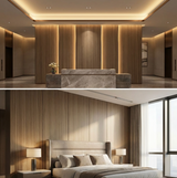 Ash wood veneer wall panels installed in a hotel reception area and modern bedroom