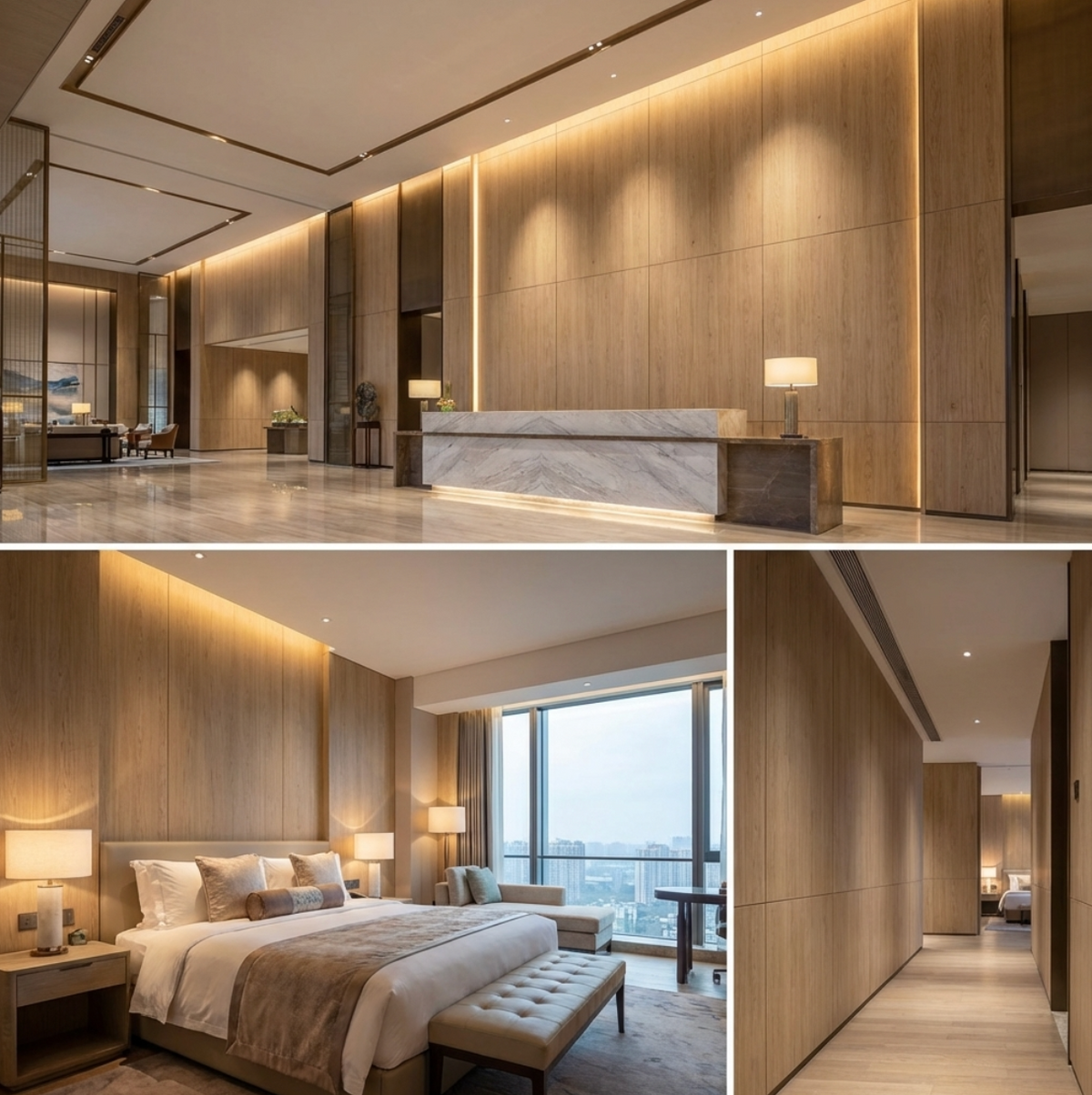 White oak veneer wall panels throughout a reception area, guest bedroom, and corridor