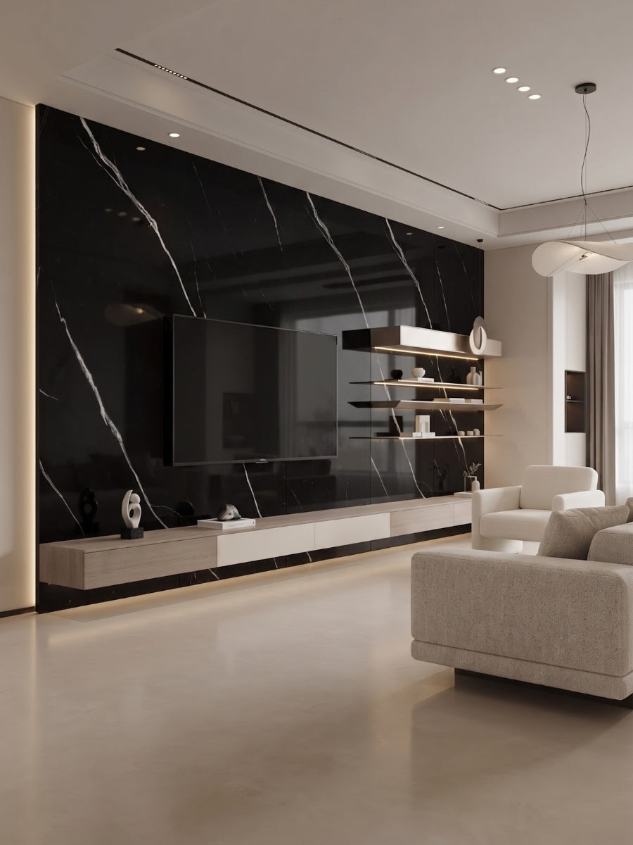 Deep Black Marble PVC wall panels installed as a glossy TV feature wall in a modern living room