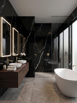 Deep Black Marble PVC wall panels installed around a modern bathroom vanity, shower, and bathtub
