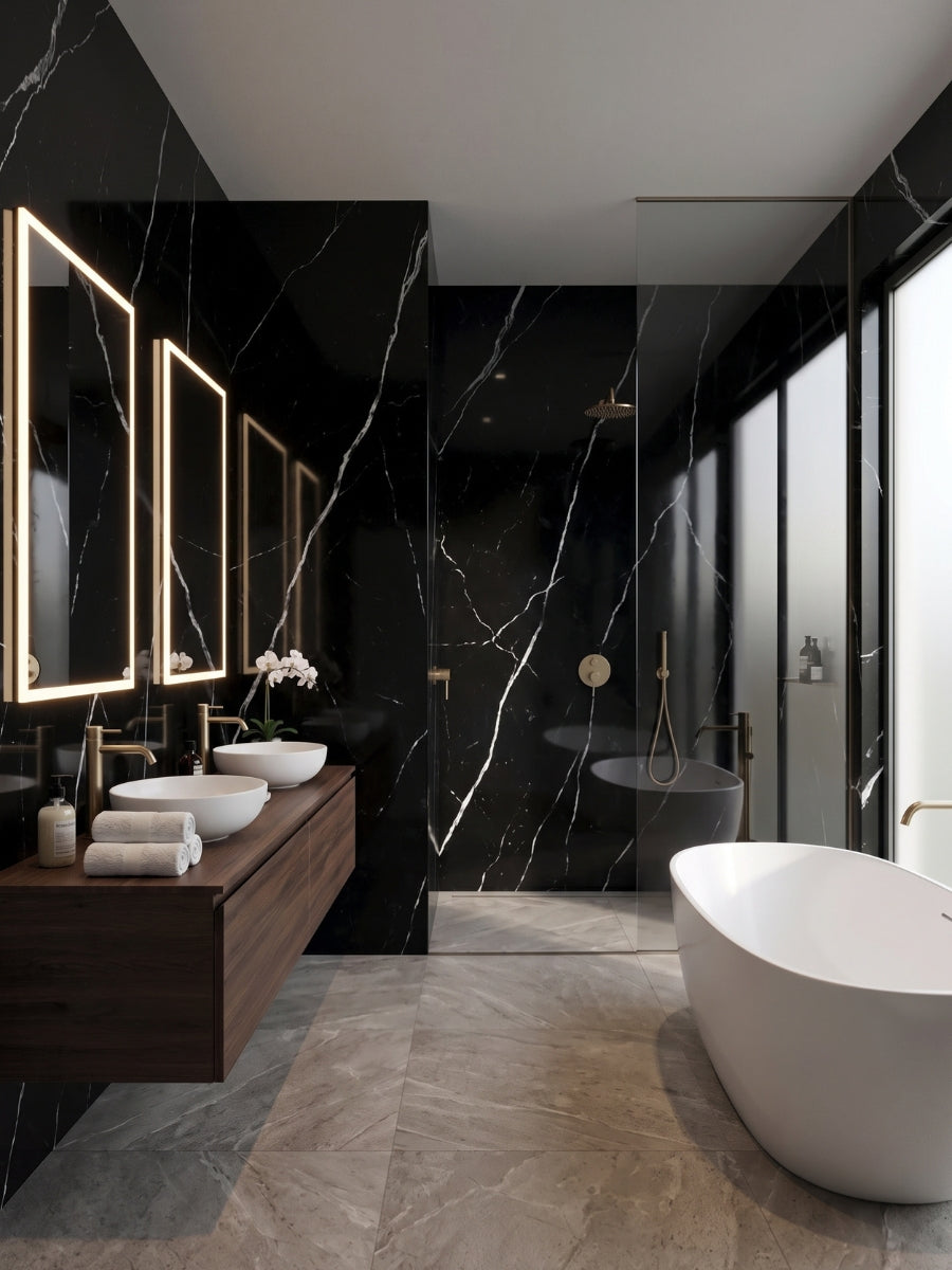 Deep Black Marble PVC wall panels installed around a modern bathroom vanity, shower, and bathtub