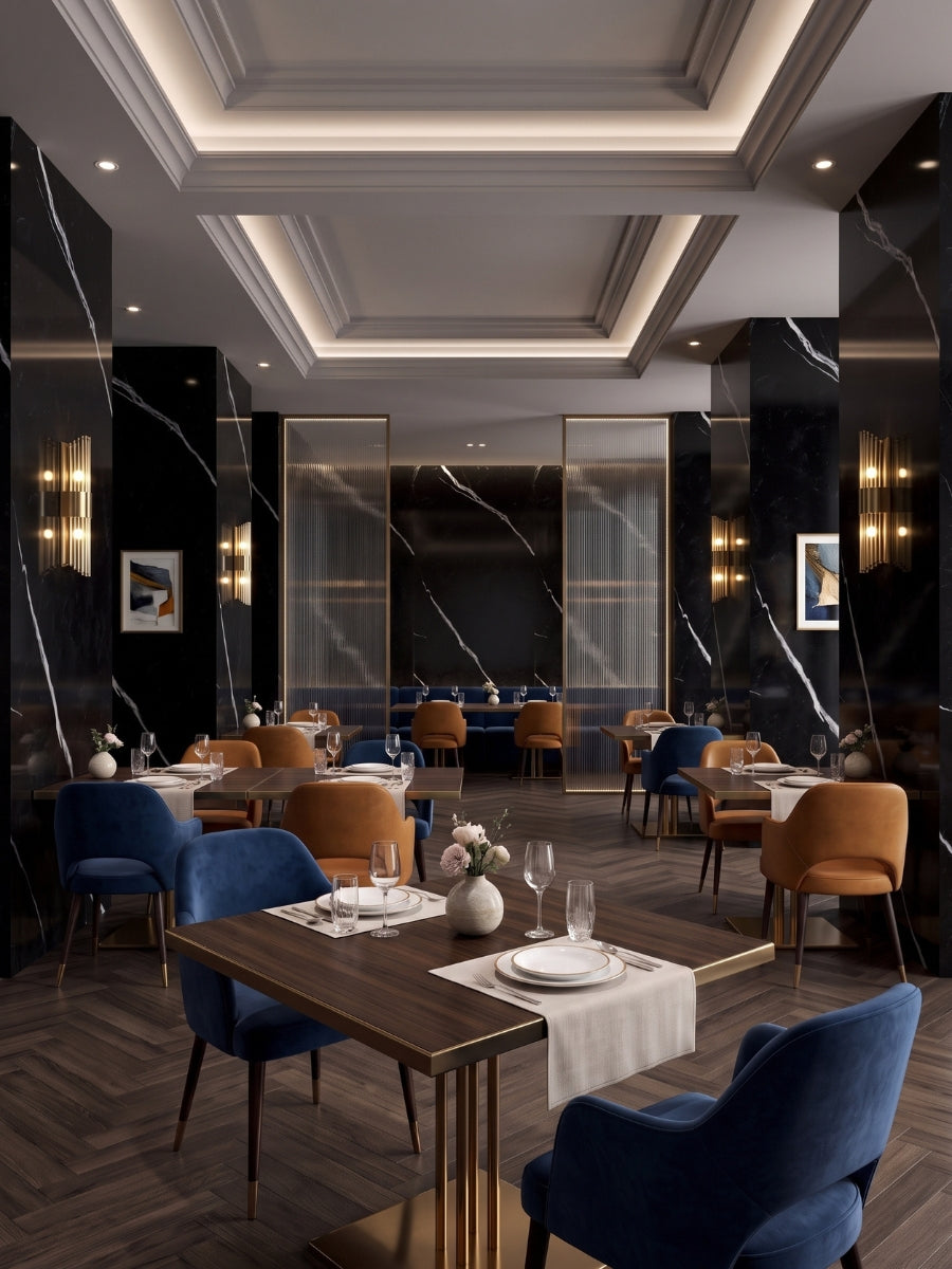 Restaurant interior featuring Deep Black Marble PVC wall panels and veined black columns
