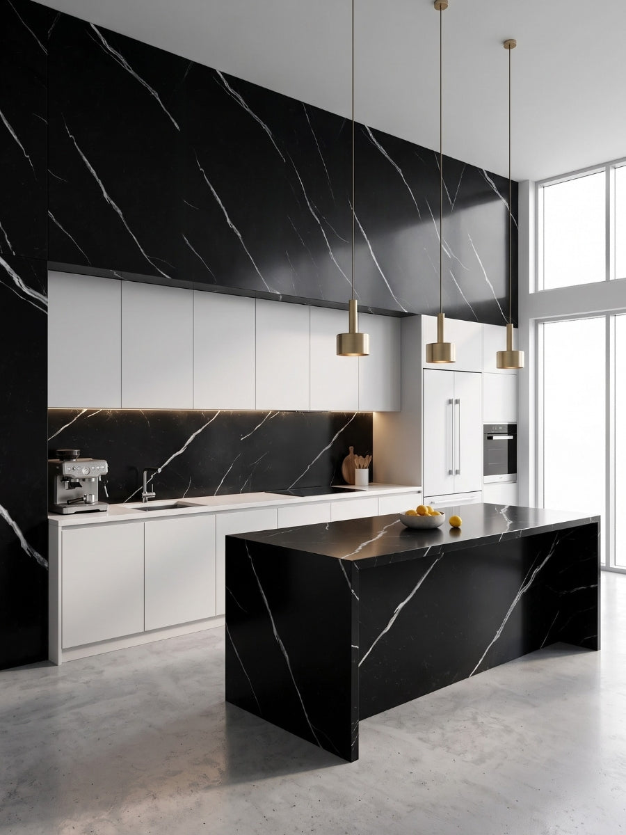 Modern white kitchen with Deep Black Marble PVC wall cladding and a matching veined island