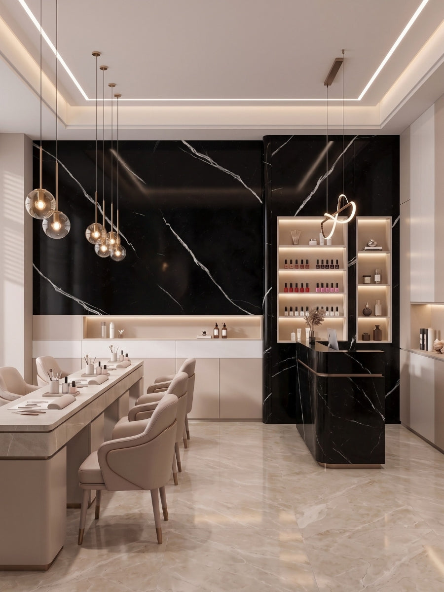 Deep Black Marble PVC wall panels installed in a bright salon with manicure tables and display shelves