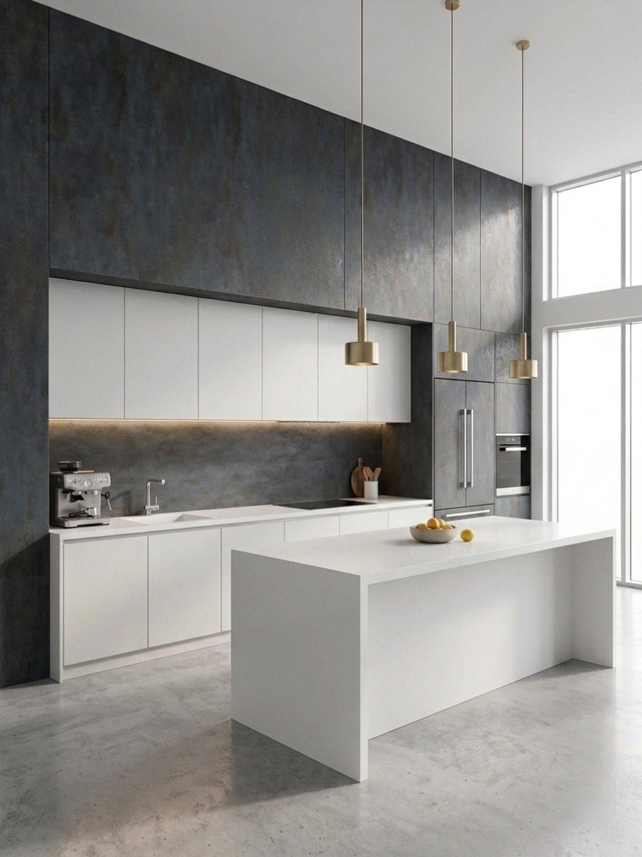 Dark charcoal stone panels covering the walls and backsplash of a modern white kitchen