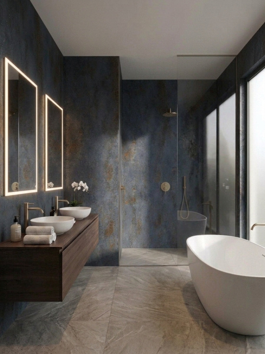 Waterproof dark charcoal stone panels installed around a walk-in shower and modern bathroom walls