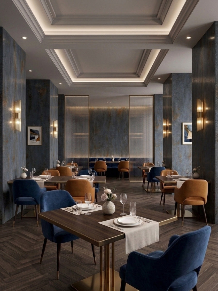 Dark charcoal rough-texture stone panels installed on walls and columns in an elegant restaurant