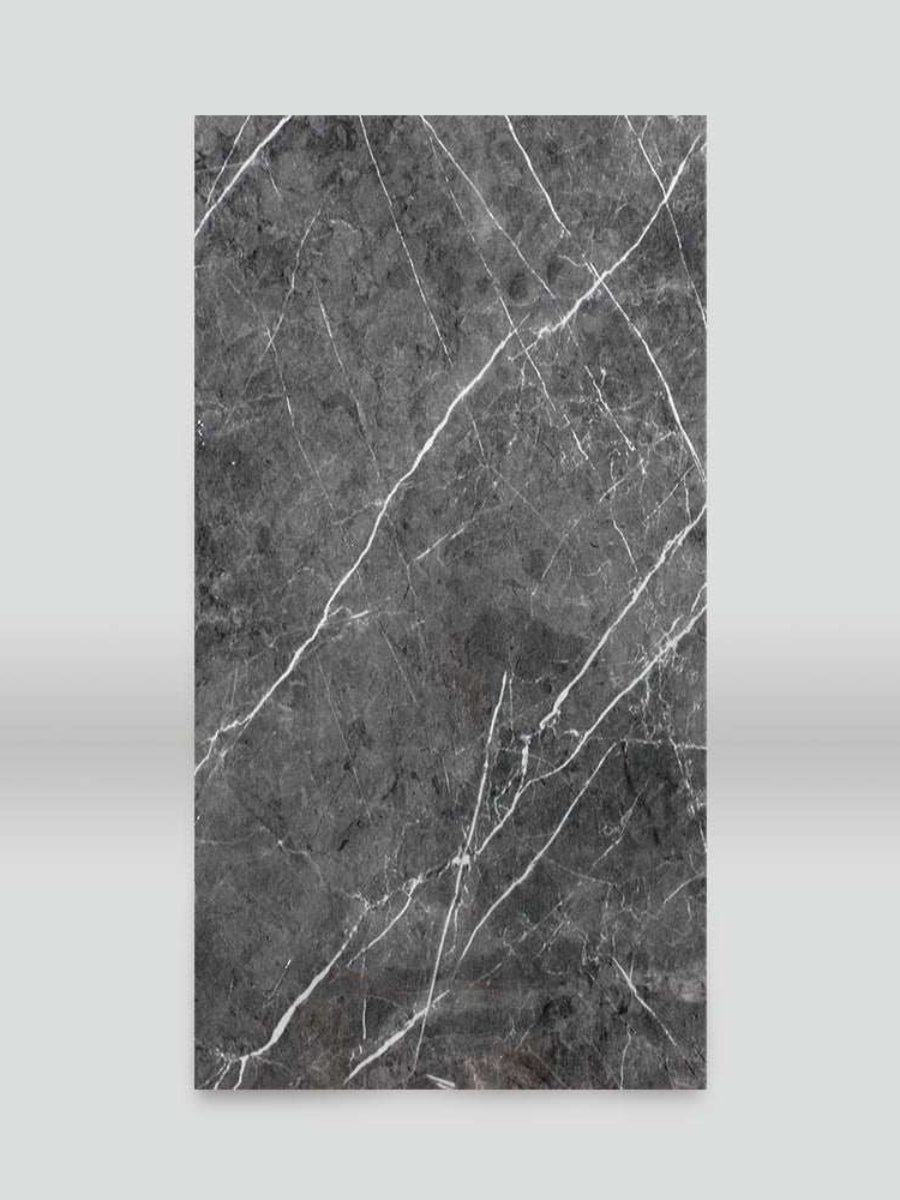 Full 4 x 8 ft dark gray marble PVC wall panel with prominent white veining
