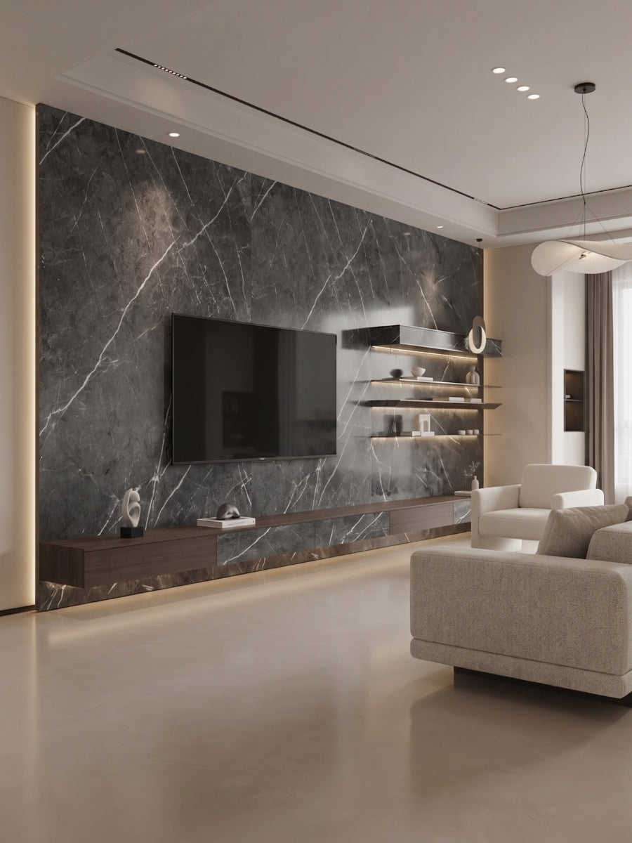 Dark gray marble PVC wall panels installed as a TV feature wall in a modern living room