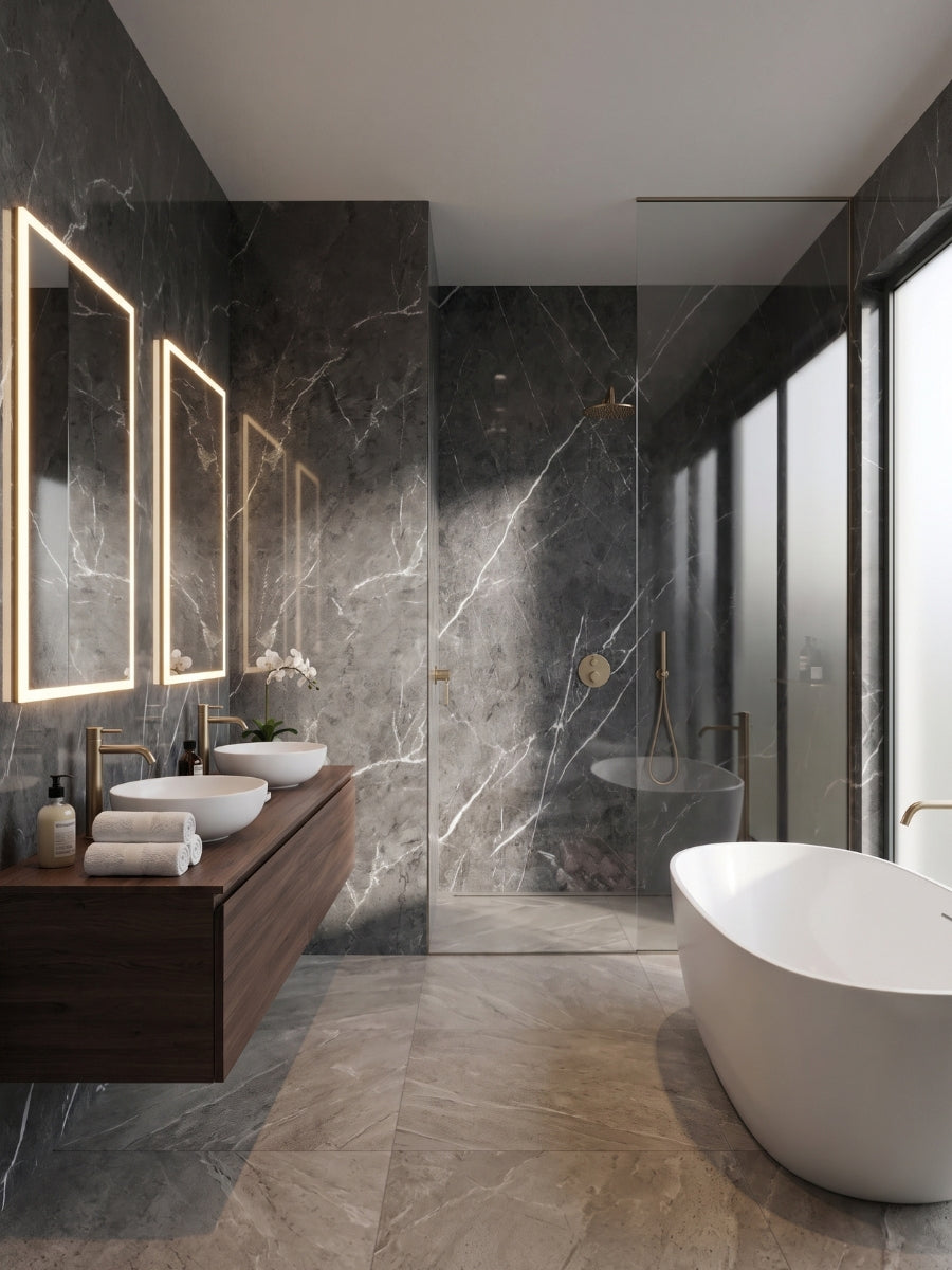 Dark gray marble PVC wall panels covering the shower and vanity walls in a modern bathroom