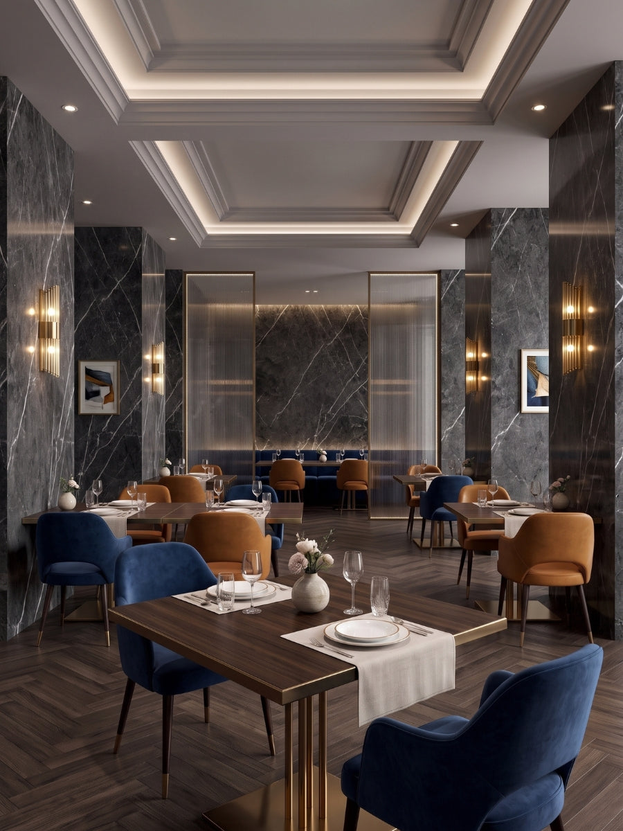 Dark gray marble PVC wall panels installed on columns and feature walls in an elegant restaurant