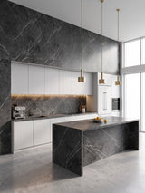 Modern white kitchen with dark gray marble PVC panels on the walls, backsplash, and island