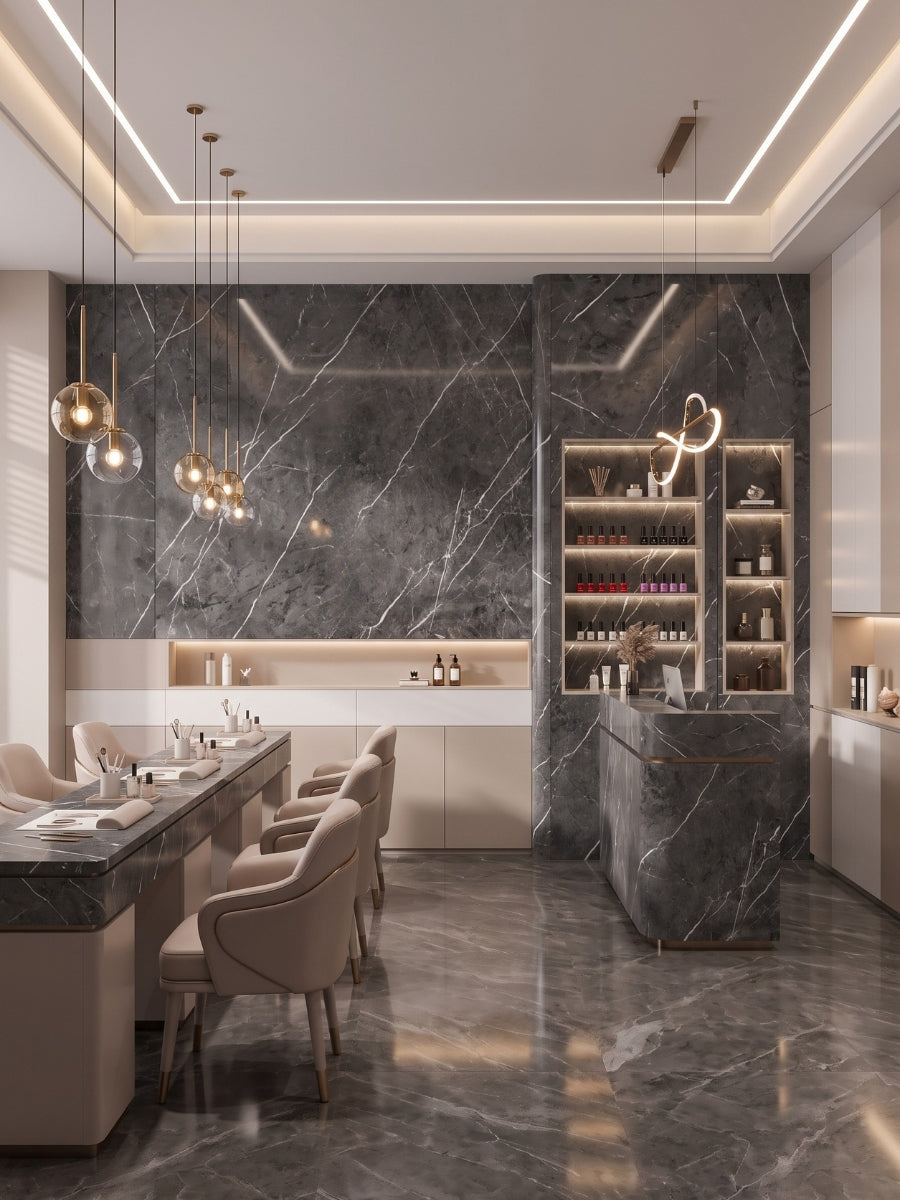 Dark gray marble PVC wall panels in a modern salon with manicure stations and a display cabinet