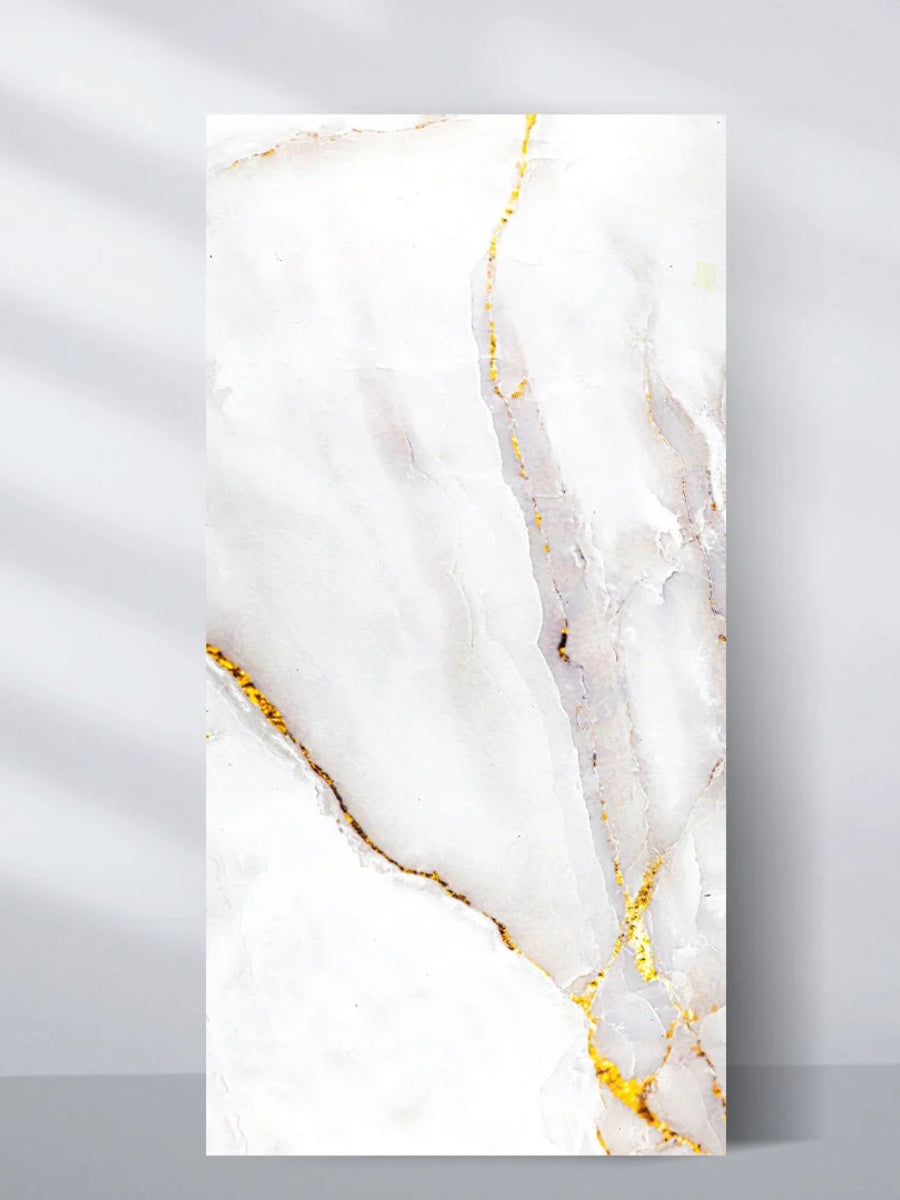 Empress Gold polished PVC marble sheet with a white surface, soft gray veining and gold accents, 4 x 8 ft