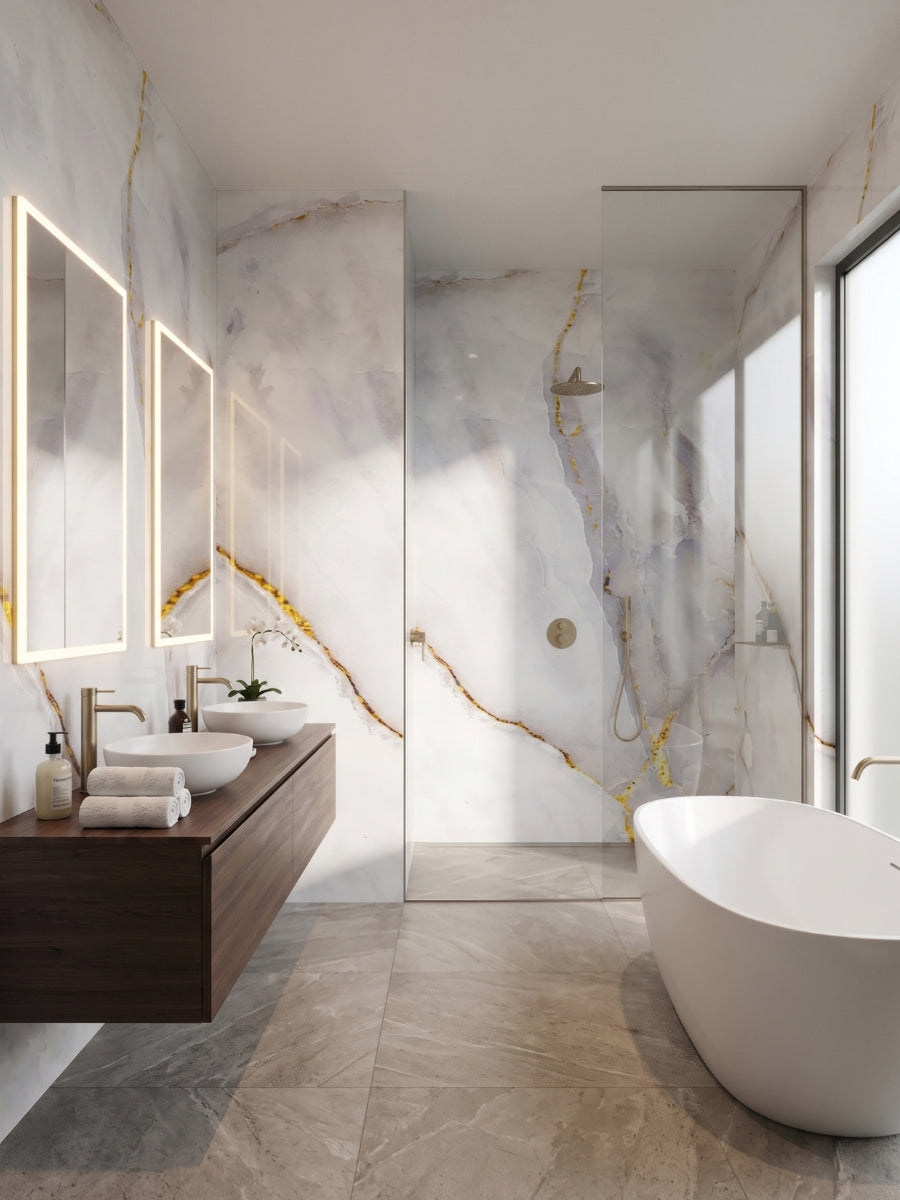 Empress Gold polished PVC marble sheets covering the vanity and glass shower walls in a contemporary bathroom