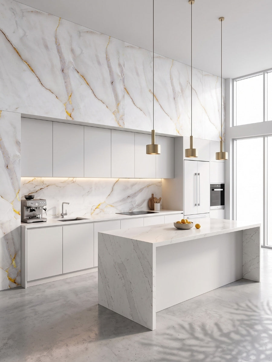Modern white kitchen with Empress Gold polished PVC marble sheets across the backsplash and upper feature wall