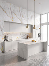 Modern white kitchen with Empress Gold polished PVC marble sheets across the backsplash and upper feature wall