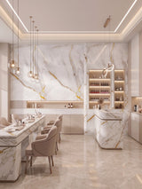 Empress Gold polished PVC marble sheets installed as wall panels and bar cladding in a refined hospitality interior