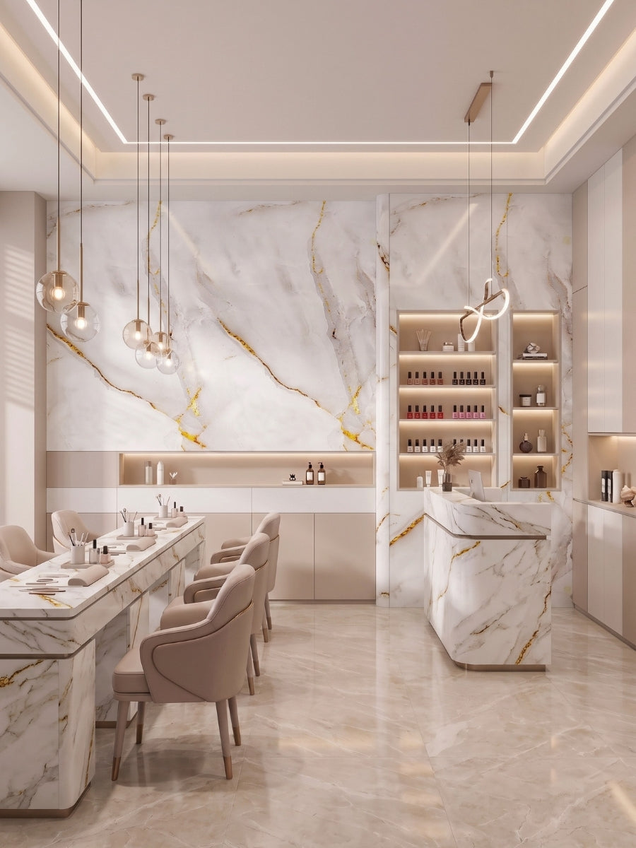 Empress Gold polished PVC marble sheets installed as wall panels and bar cladding in a refined hospitality interior