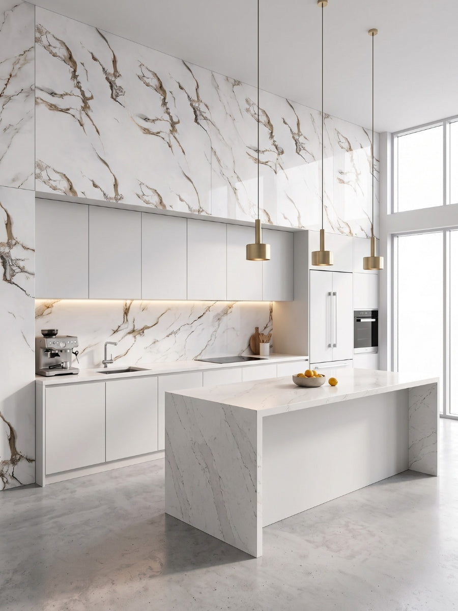Modern white kitchen with Ethereal Blush Marble wall panels across the backsplash and tall feature walls