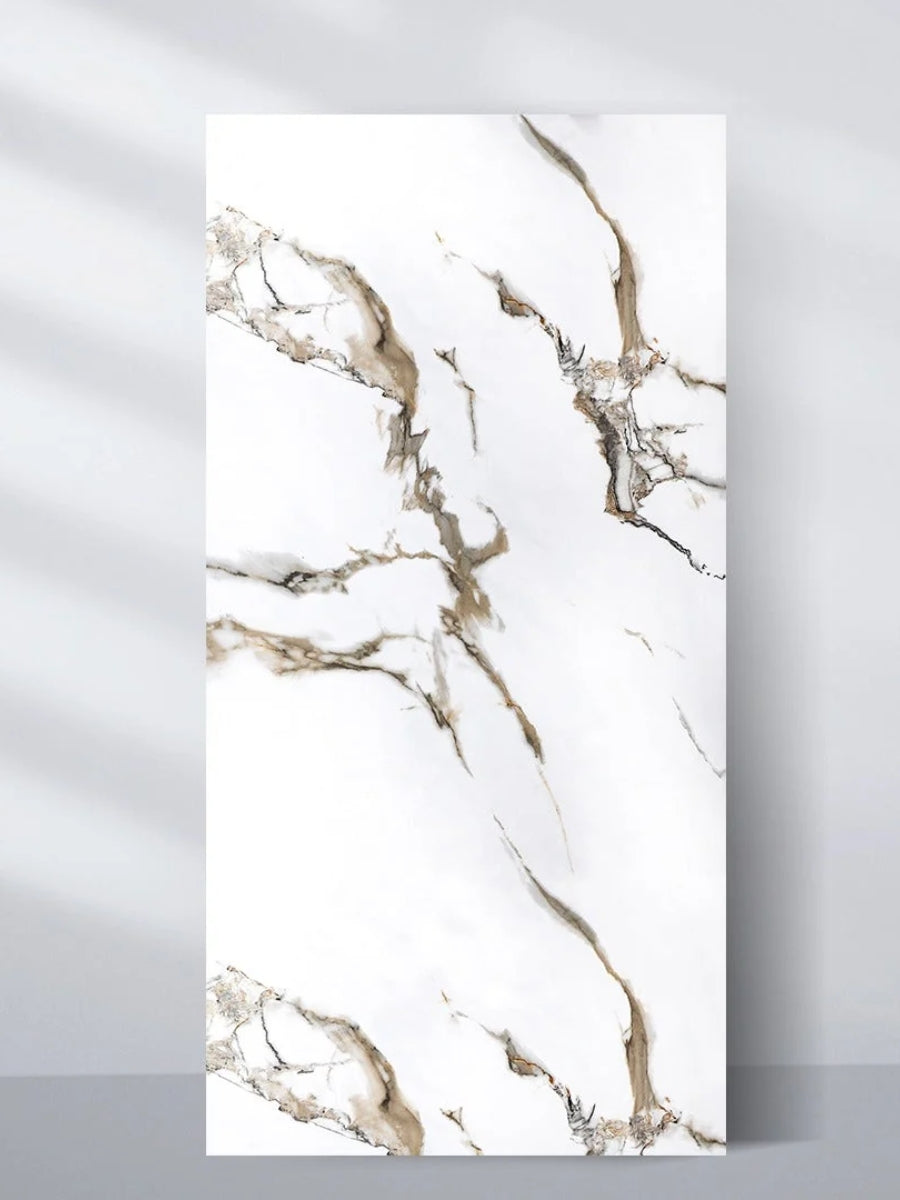 Ethereal Blush Marble 4 x 8 ft PVC wall panel with a white surface and flowing taupe, gold, and gray veining