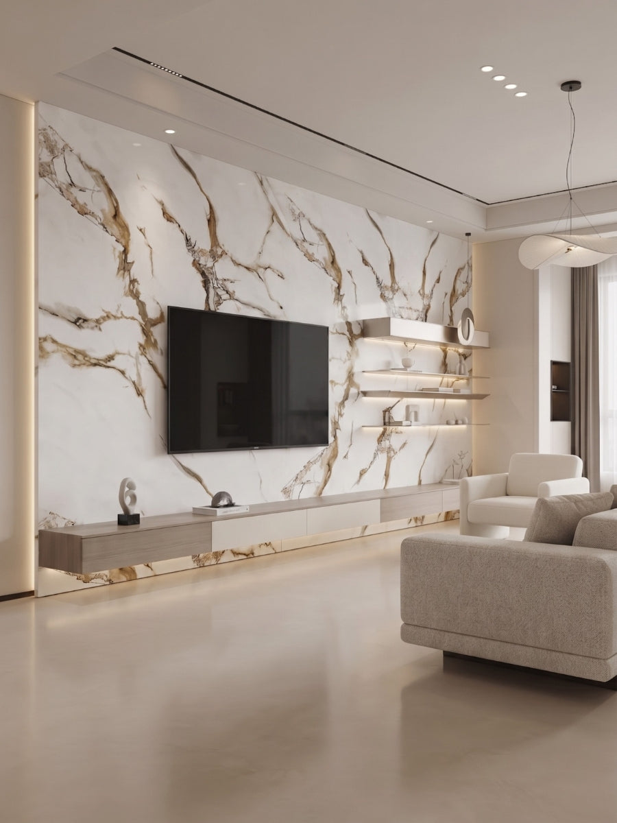 Ethereal Blush Marble PVC wall panels installed as a floor-to-ceiling TV feature wall in a modern living room