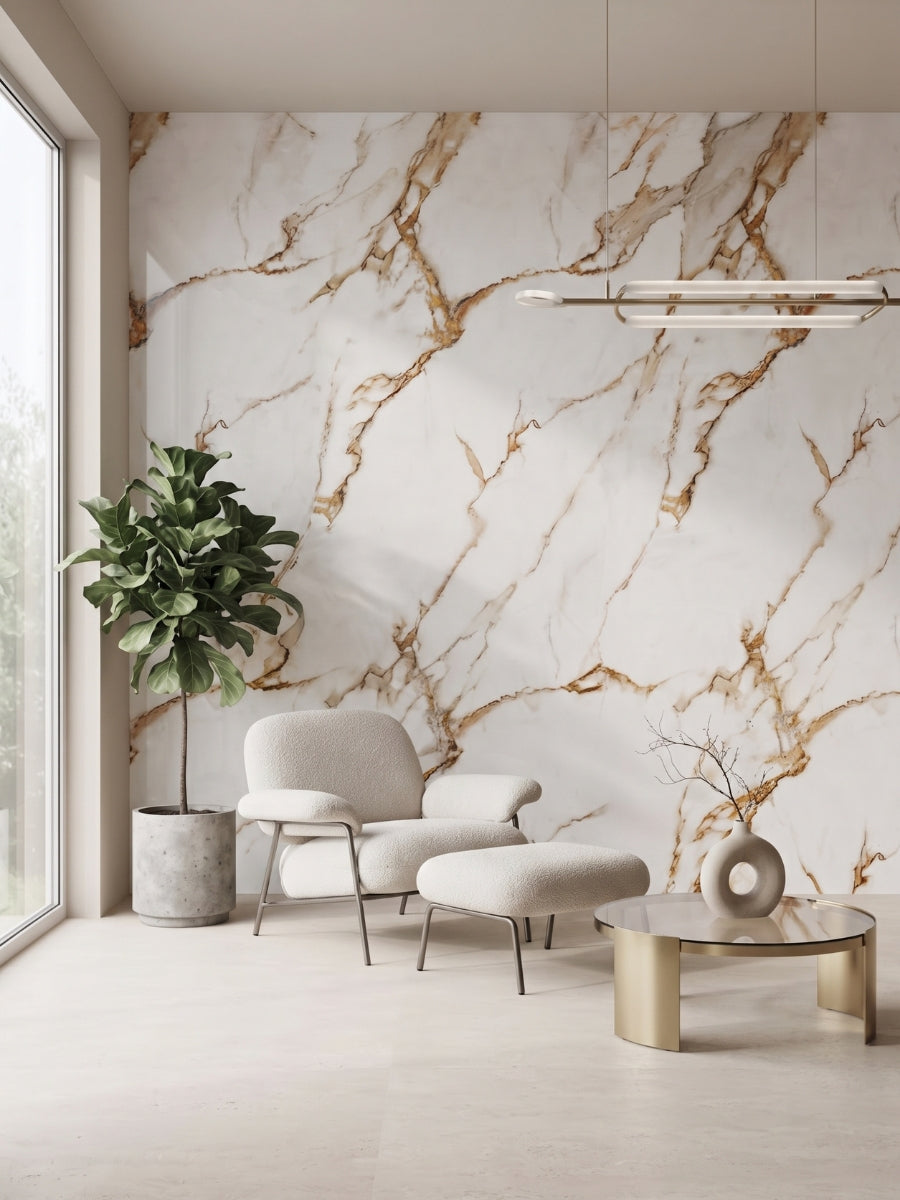 Sitting area with Ethereal Blush Marble wall panels featuring warm gold and taupe veining behind an armchair and ottoman