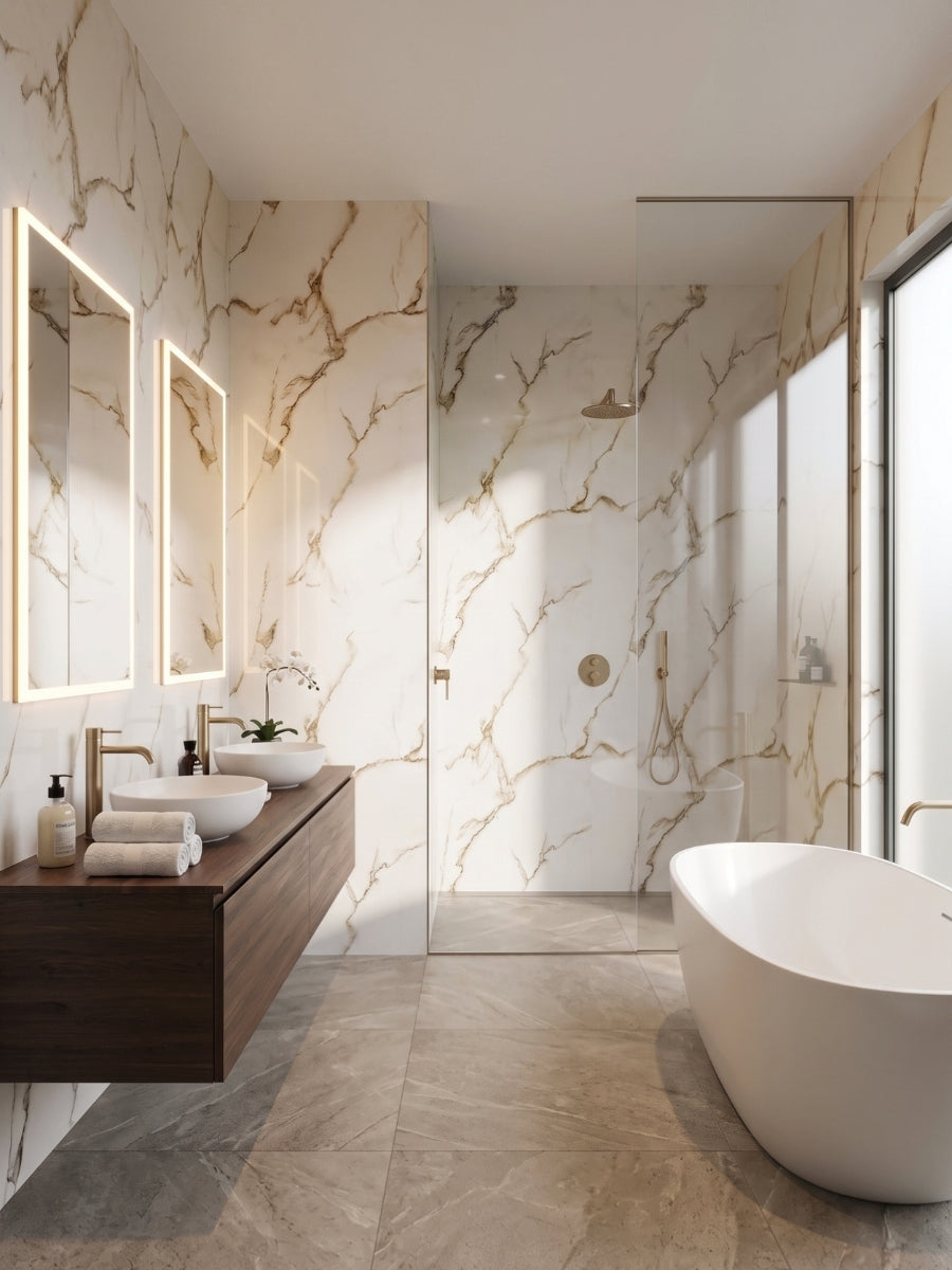 Bright bathroom clad in Ethereal Blush Marble PVC wall panels with a glass shower, double vanity, and freestanding tub