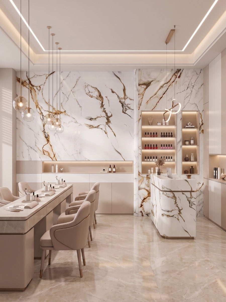 Bright dining and bar interior with Ethereal Blush Marble wall panels featuring dramatic gold, taupe, and gray veining