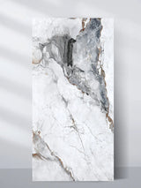 Upright 4 x 8 ft PVC wall panel with a white marble look and bold gray and brown veining