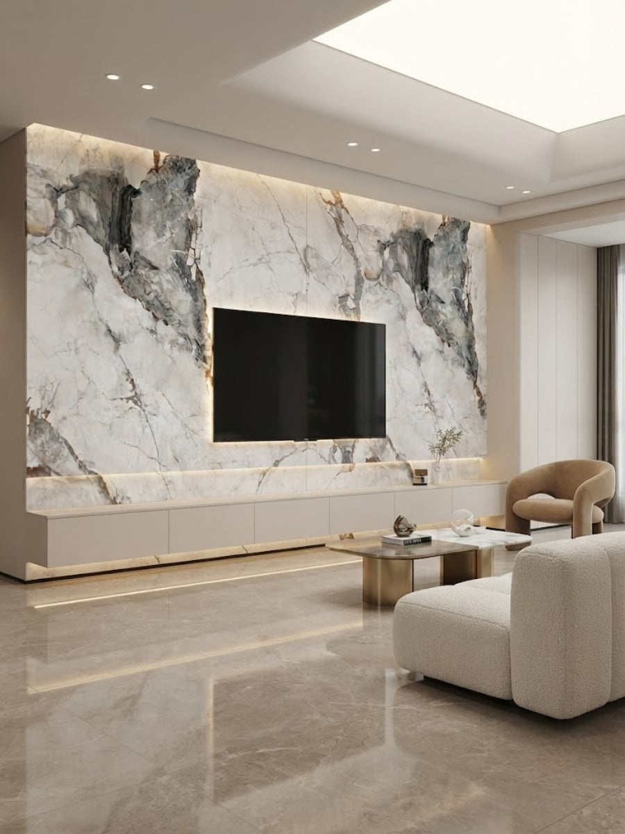 Gray and brown veined marble-look PVC wall panels installed as a modern living room TV accent wall