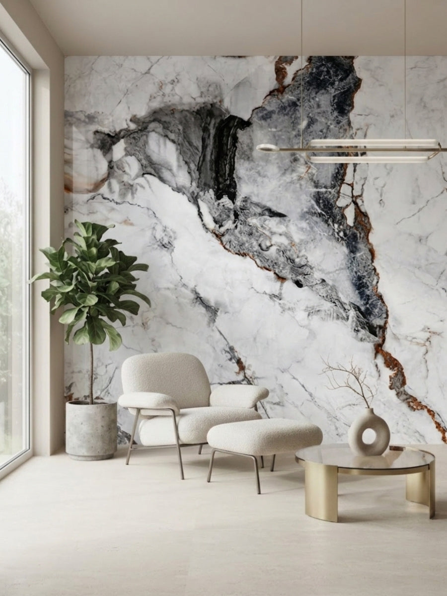 Gray and brown veined marble-look PVC wall panel behind a lounge chair and ottoman