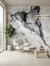 Gray and brown veined marble-look PVC wall panel behind a lounge chair and ottoman