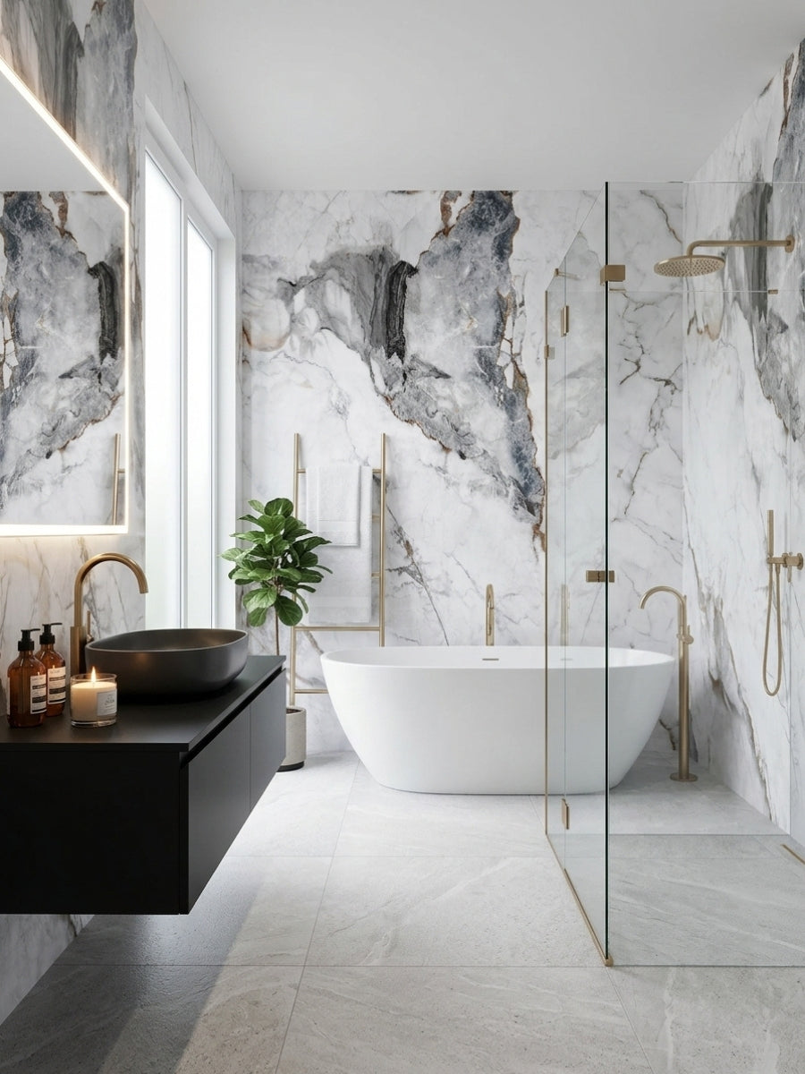 Modern bathroom with gray and brown veined marble-look PVC wall panels around a tub and shower