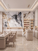 Bright salon interior with a bold gray and brown veined marble-look PVC feature wall