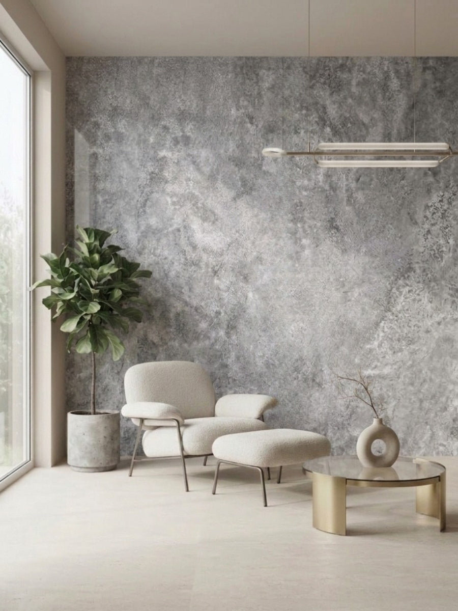 Gray stone-look rough texture PVC panels on a modern sitting room wall