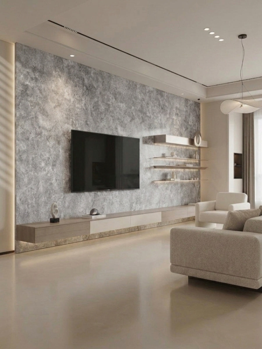 Modern living room media wall finished with gray stone-look PVC sheets