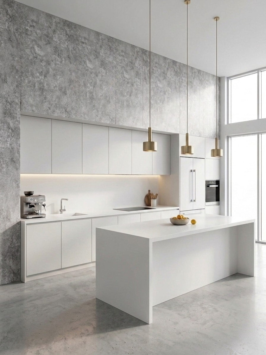 Gray rough-textured stone-look PVC panels framing white kitchen cabinetry