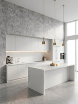 Gray rough-textured stone-look PVC panels framing white kitchen cabinetry