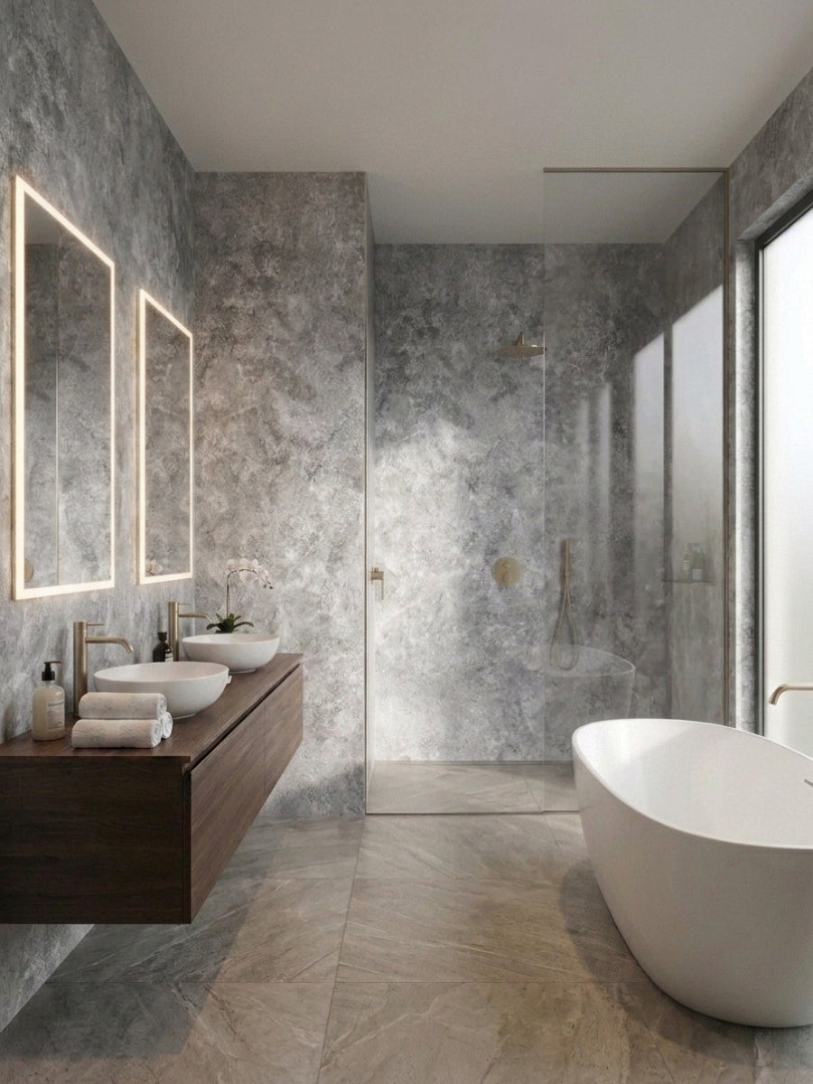 Waterproof gray stone-look PVC sheets covering modern bathroom and shower walls