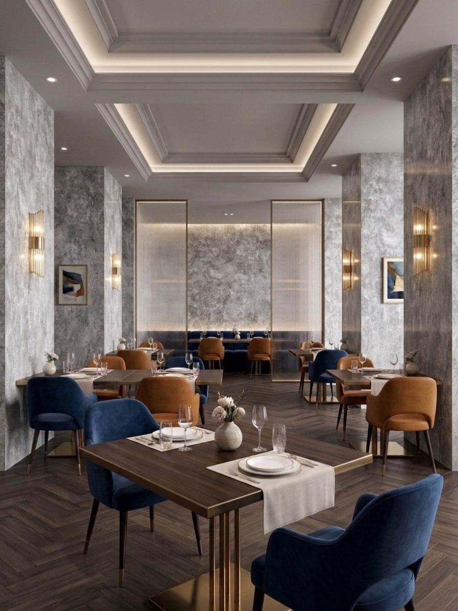 Restaurant walls and columns clad in gray stone-look rough texture PVC panels