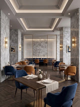 Restaurant walls and columns clad in gray stone-look rough texture PVC panels