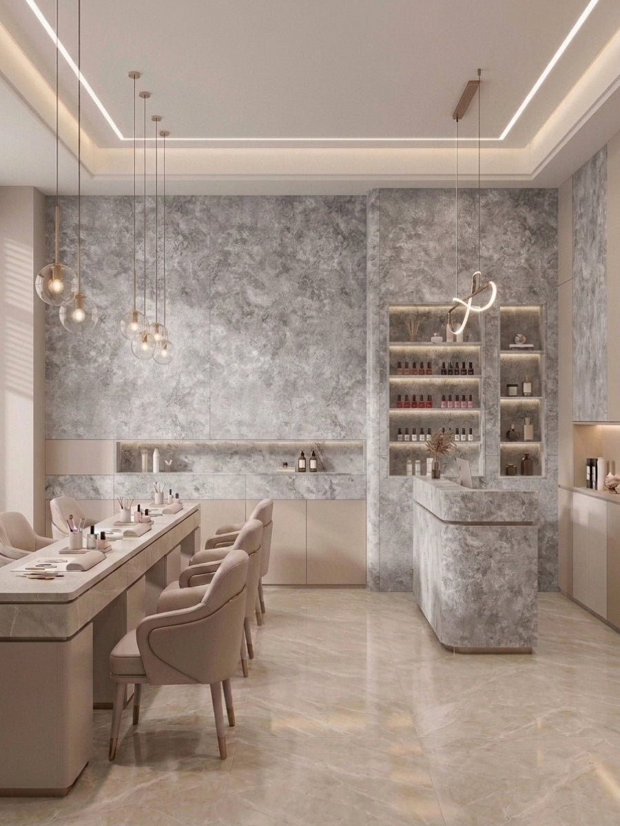 Gray stone-look PVC wall panels in a contemporary dining and bar space