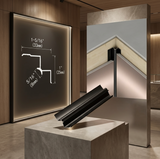 Black aluminum alloy inside corner trim with dimensional profile, sample piece, and installed corner cutaway