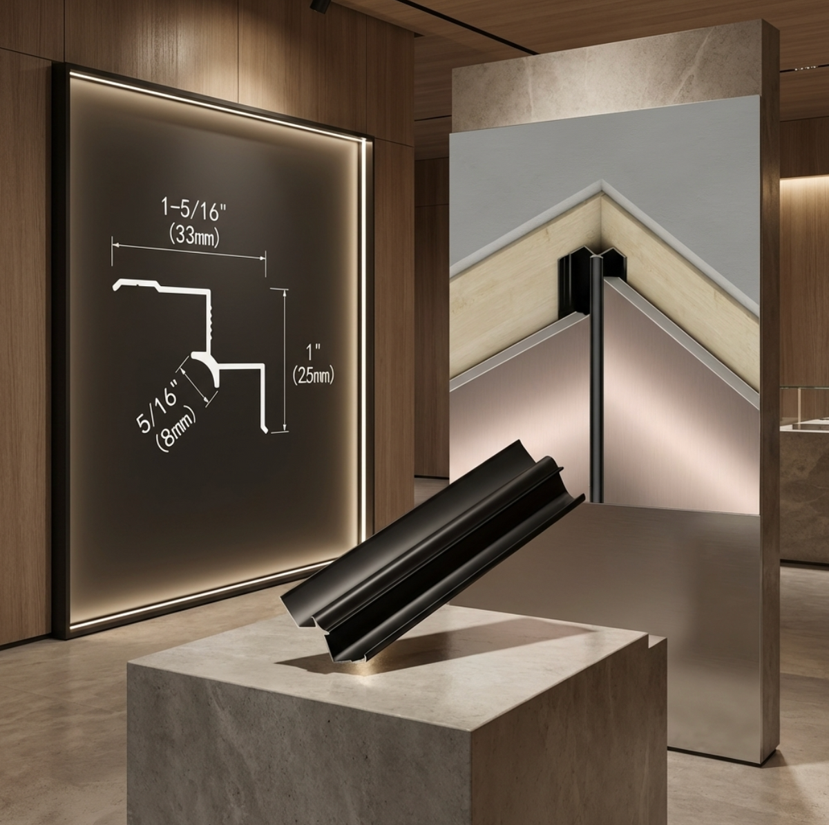 Black aluminum alloy inside corner trim with dimensional profile, sample piece, and installed corner cutaway
