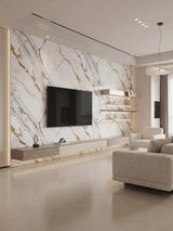 Luxe Gold Vein Marble PVC wall panels installed as a living room TV feature wall with illuminated shelving