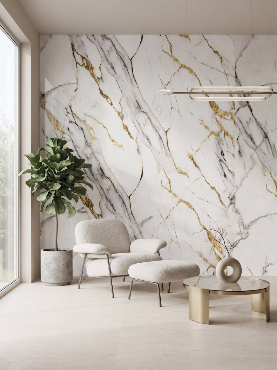 White Luxe Gold Vein Marble PVC wall panels creating an accent wall behind a lounge chair and ottoman