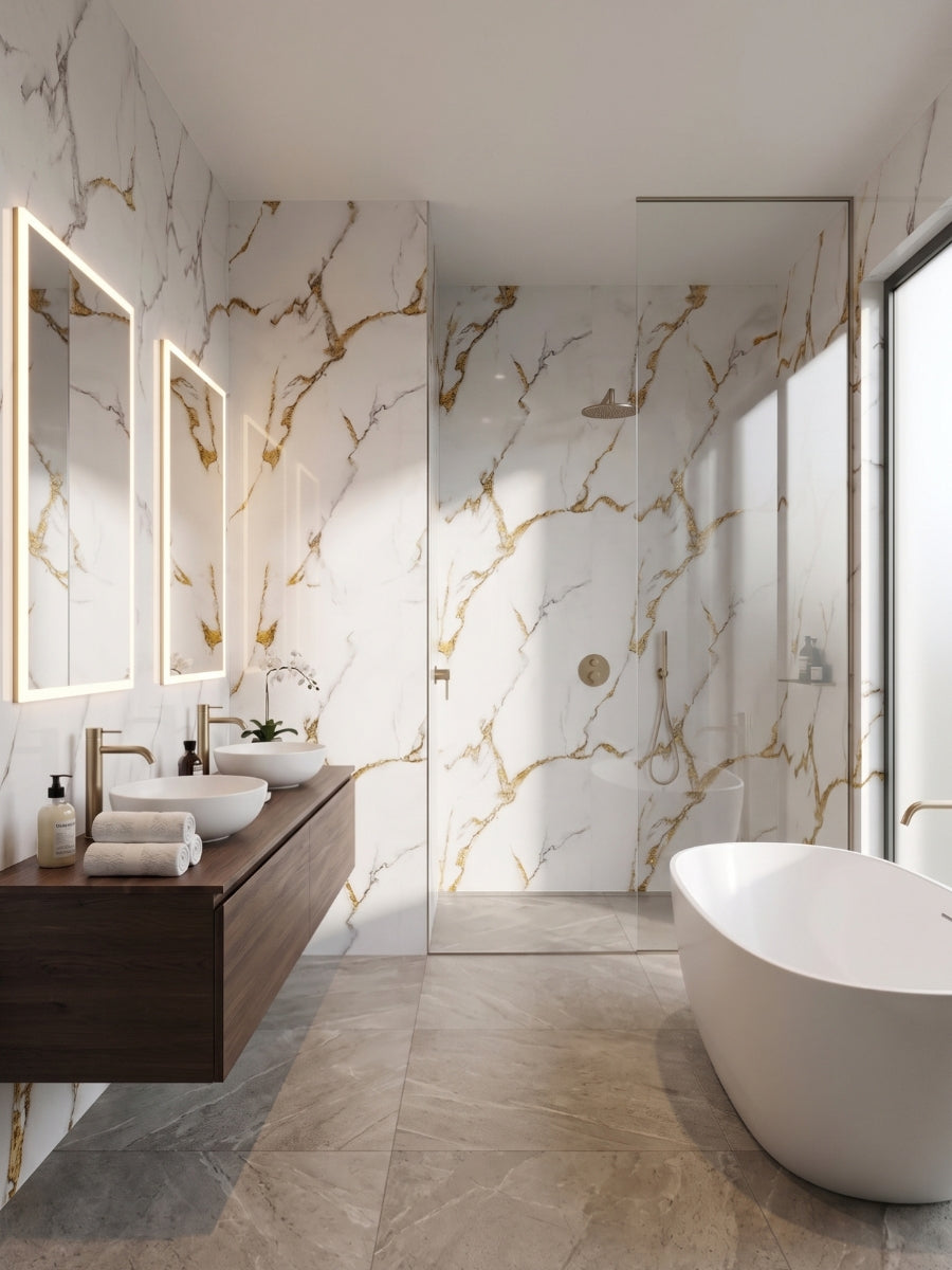 Luxe Gold Vein Marble PVC wall panels installed throughout a modern bathroom with a glass shower and freestanding tub