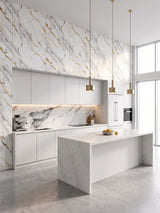 Modern white kitchen with Luxe Gold Vein Marble PVC wall panels above the cabinets and along the side wall