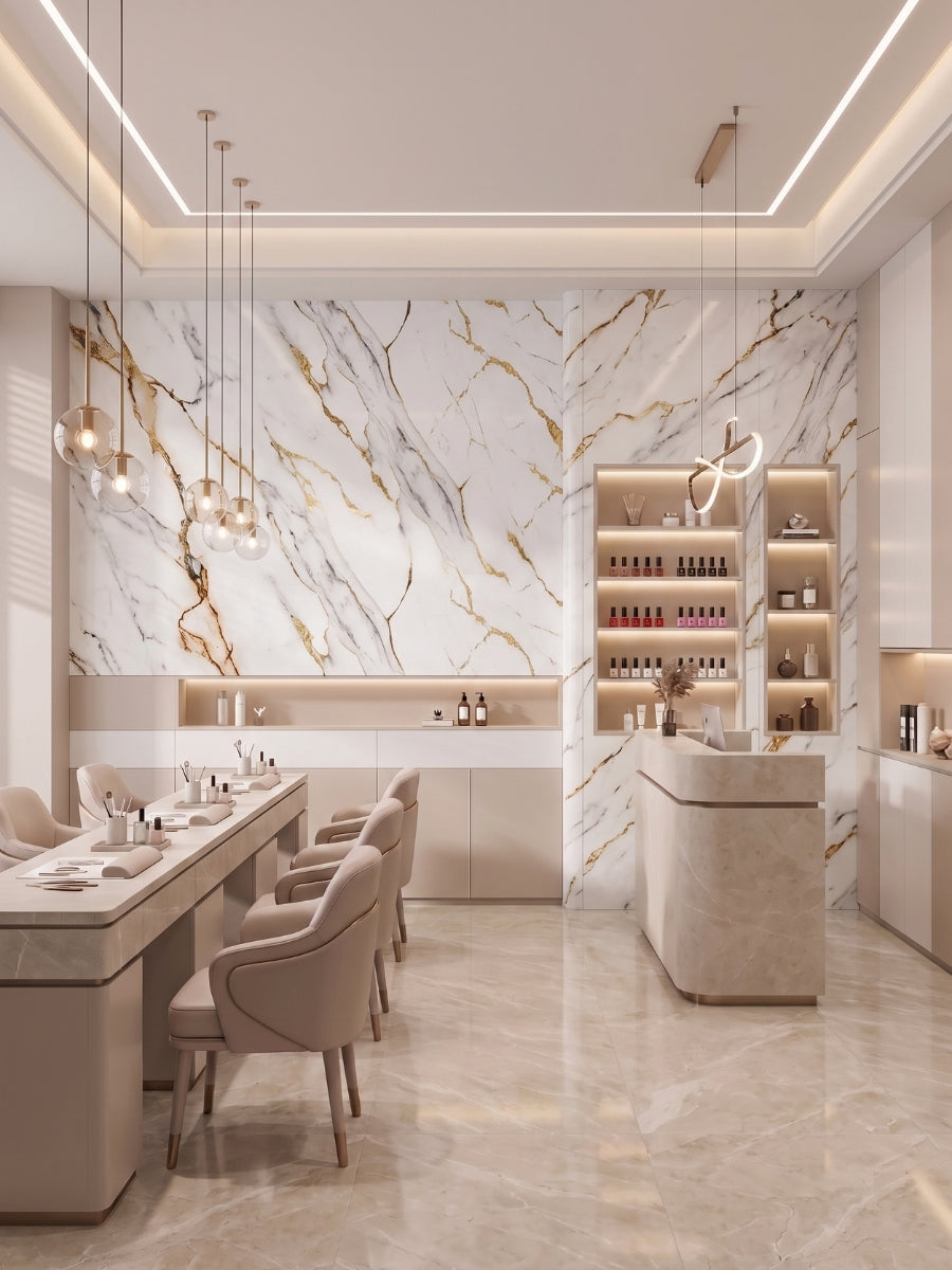 Luxe Gold Vein Marble PVC panels forming a white, gray, and gold feature wall in a contemporary dining and bar area
